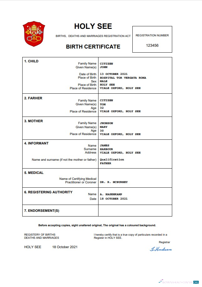 Download Holy See vital record birth certificate Word and PDF template Photoshop template